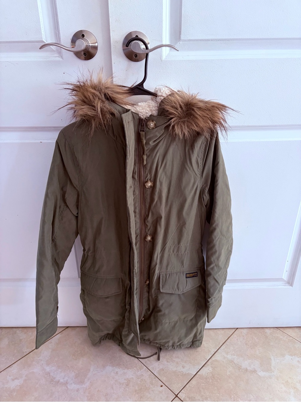 Abercrombie & Fitch Olive Green Faux Fur Trim Hooded Parka